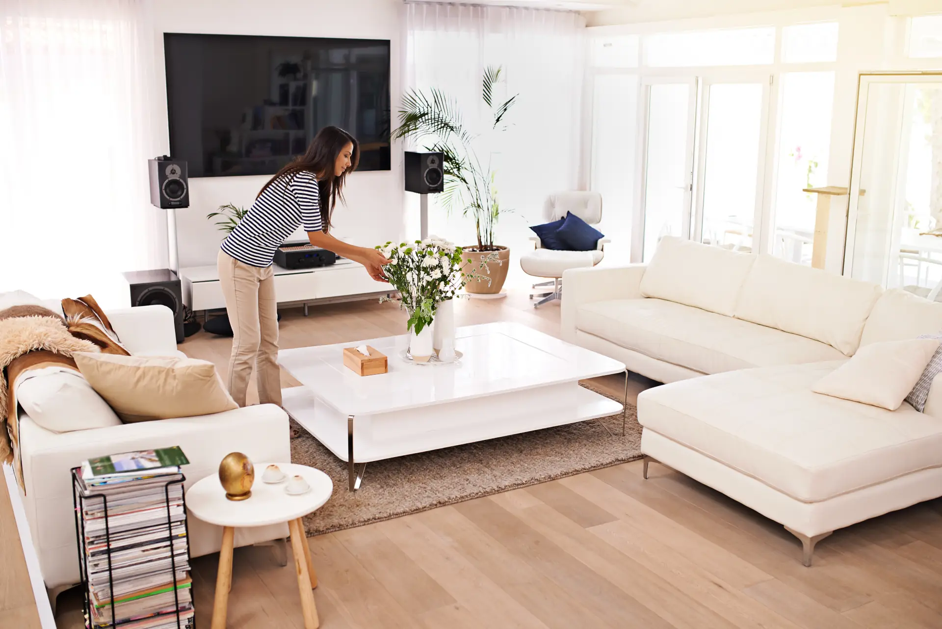 Person cleaning a living room